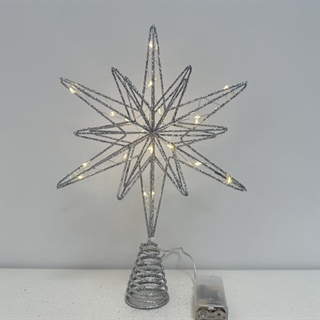 LED topstjerne med glimmer til juletræ – sølvfarvet